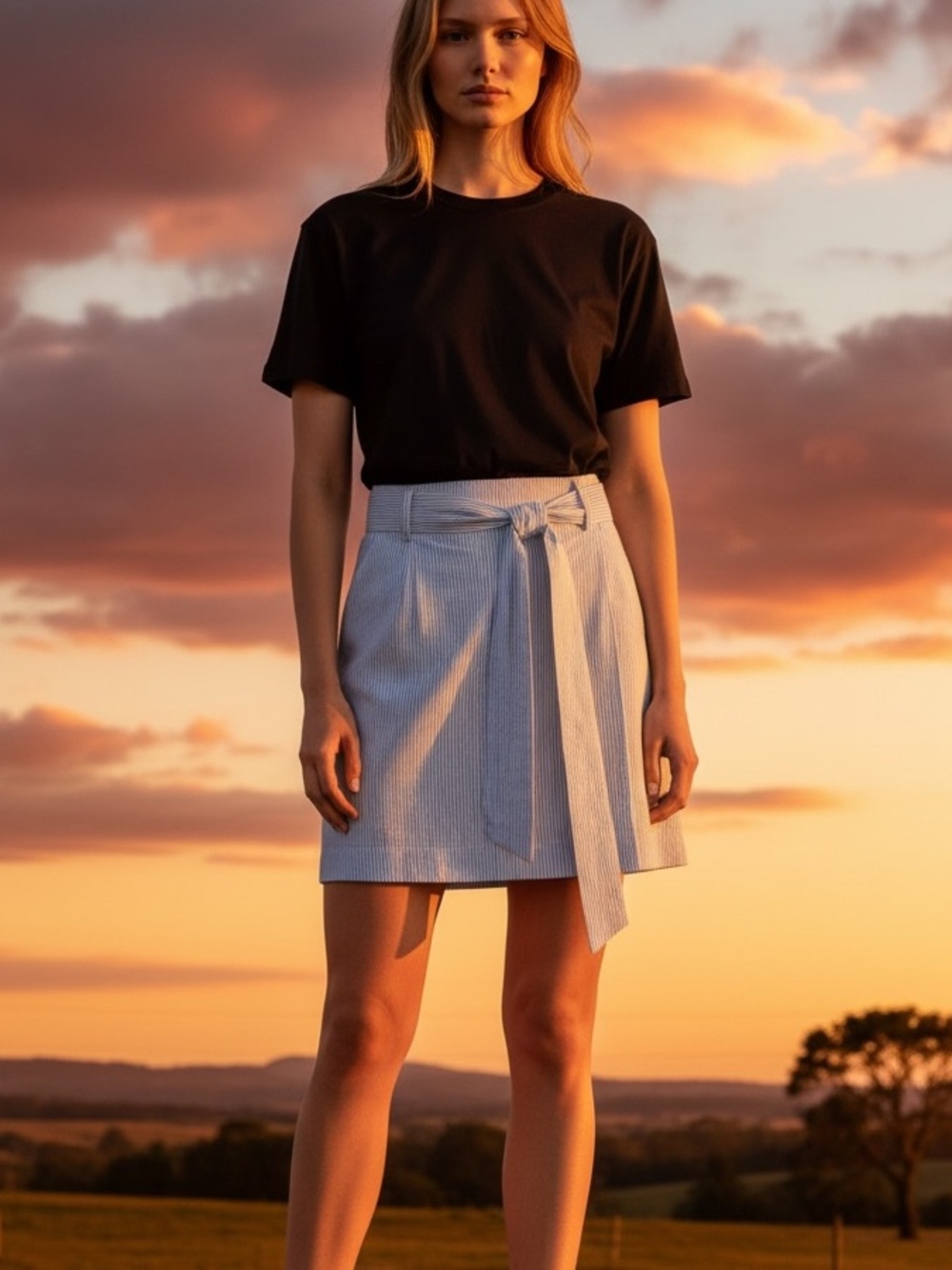Light Blue Seersucker Tie-Waist Mini Skirt